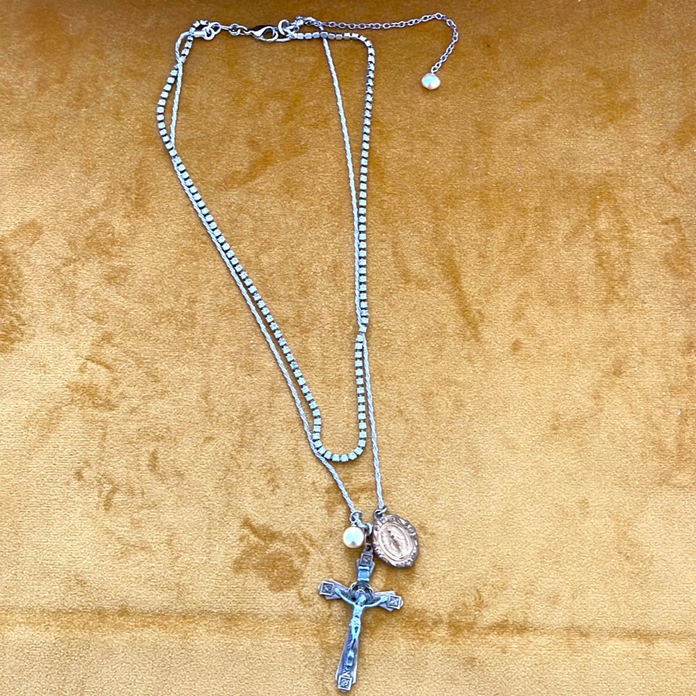 Vintage Italian Cross and Virgin Mary Medal with Double Chain Necklace 18inc.